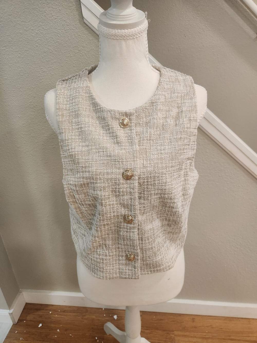 H&M Beige Tweed Sleeveless Button-Front Top with Gold Buttons